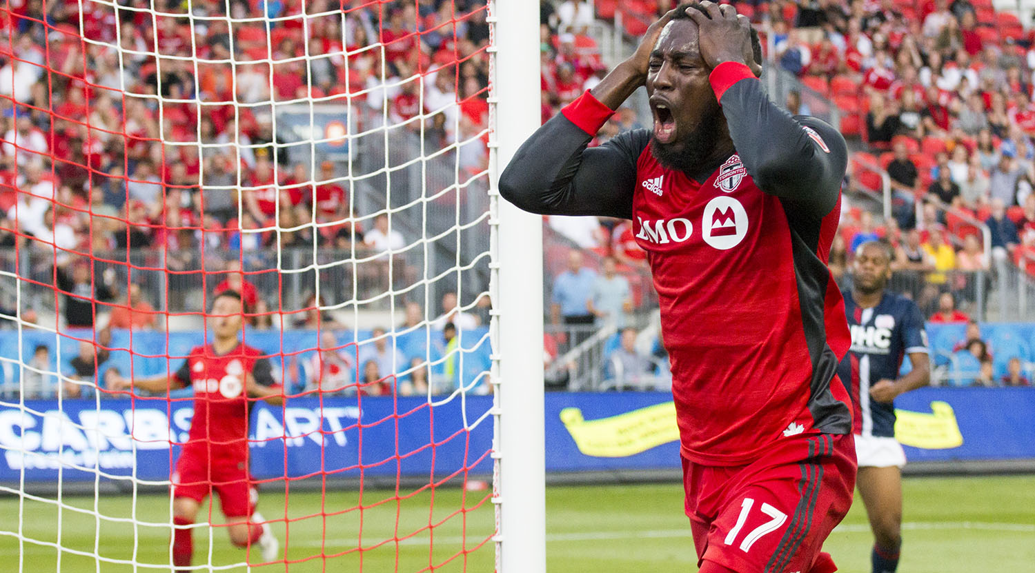 Jozy Altidore screams in frustration over a missed oppourtunity for a goal during a 2017 Major League Soccer match against the New England Revolution in 2017. Image by Dennis Marciniak of denMAR