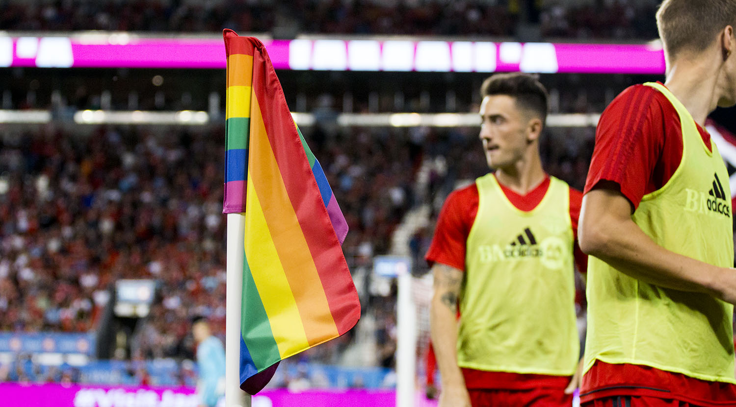 Pride night BMO Field saw that the corner flags had the appropriate flags for the occasion ahead of the Pride Parade and festival in Toronto. Image by Dennis Marciniak of denMAR Media.