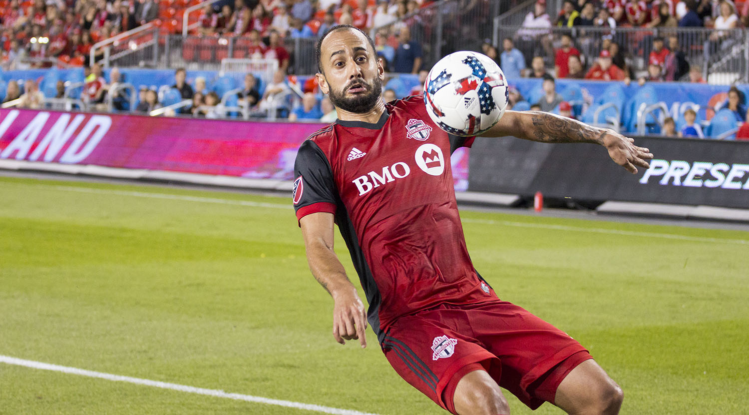Víctor Vázquez Solsona tries to get the ball from going out of play during a Toronto FC match in 2017. Image by Dennis Marciniak of denMAR Media.