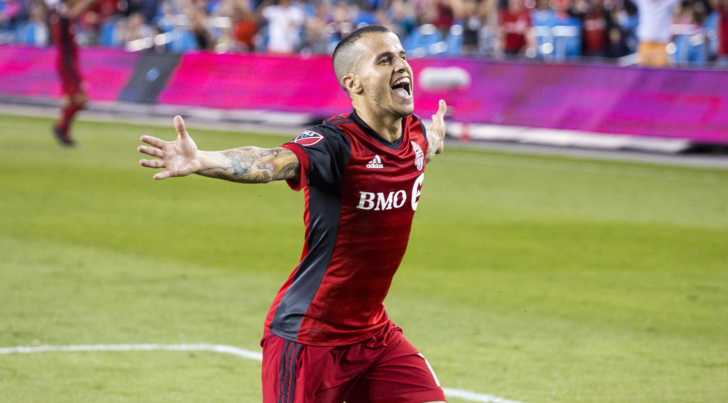 Sebastian Giovinco celebrating his first goal of the night against New England Revoltuion in 2017. Image by Dennis Marciniak of denMAR Media.