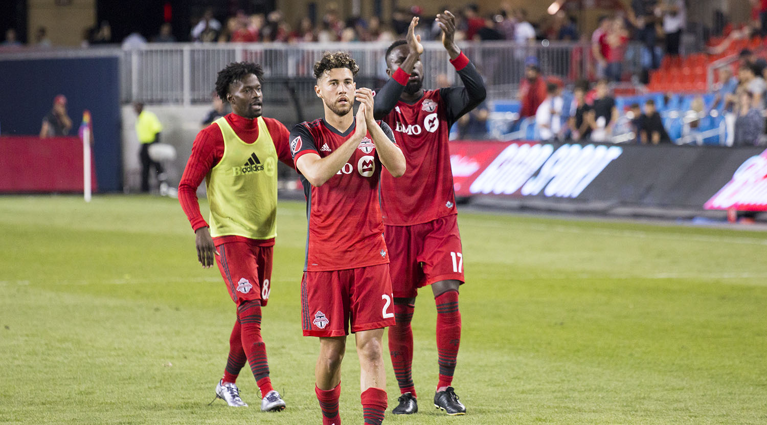 Jonathan Osorio thanks the supporter's for the amazing noise they've given during a match in 2017. Image by Dennis Marciniak of denMAR Media.