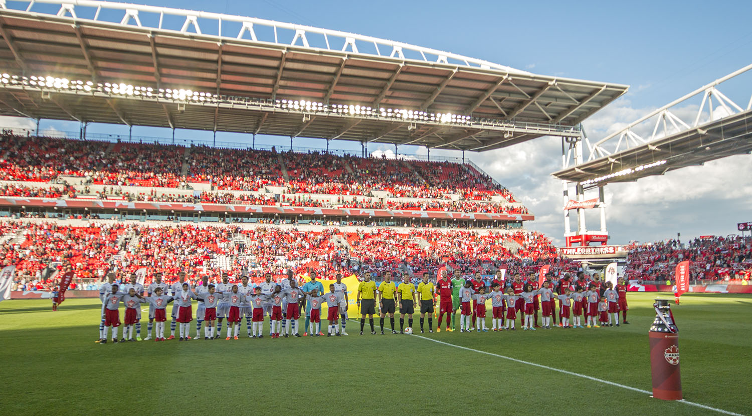 The national anthem being played with the Voyageurs Cup in the foreground in 2017 at BMO Field. Image by Dennis Marciniak of denMAR Media.