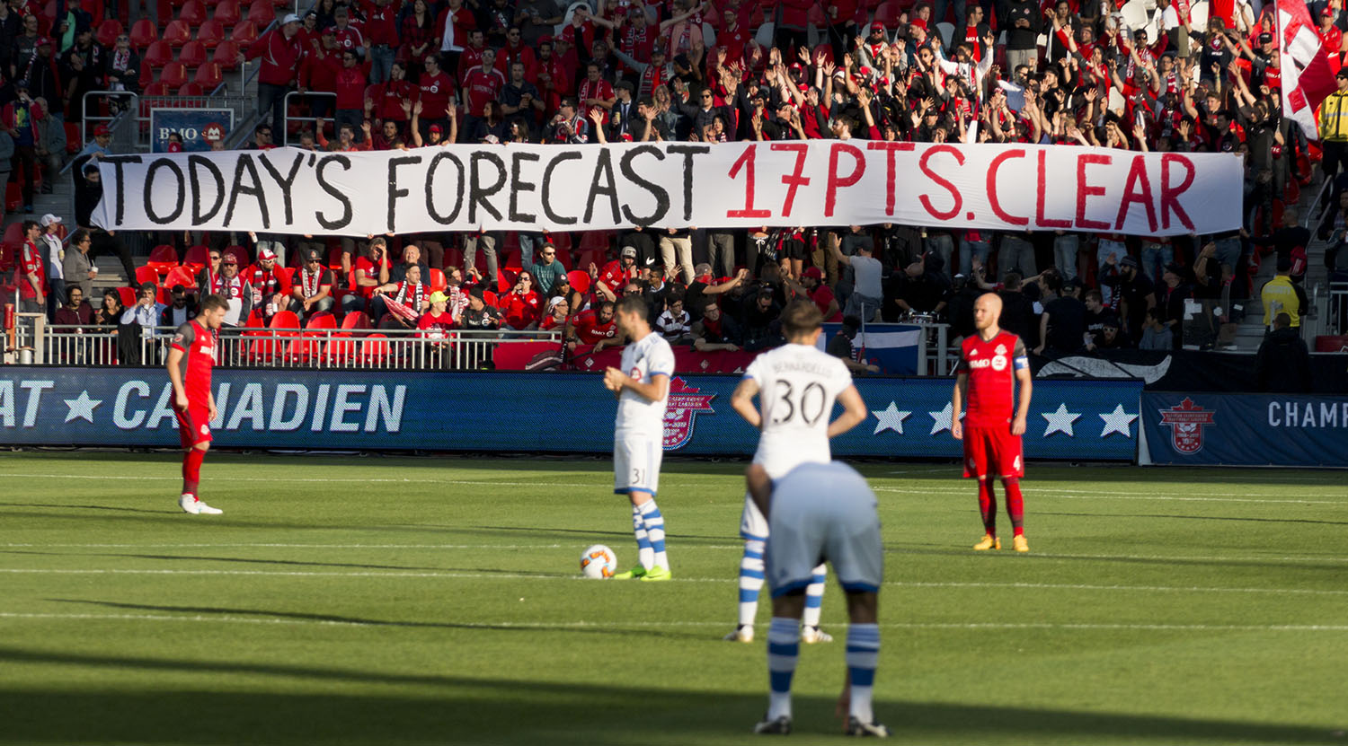 Today's forecast 17 pts. clear reads the banner unraveled by the south end supporter's section in reference to the amount of points Toronto FC are ahead the Montreal Impact in the MLS regular season table. Image by Dennis Marciniak of denMAR Media.