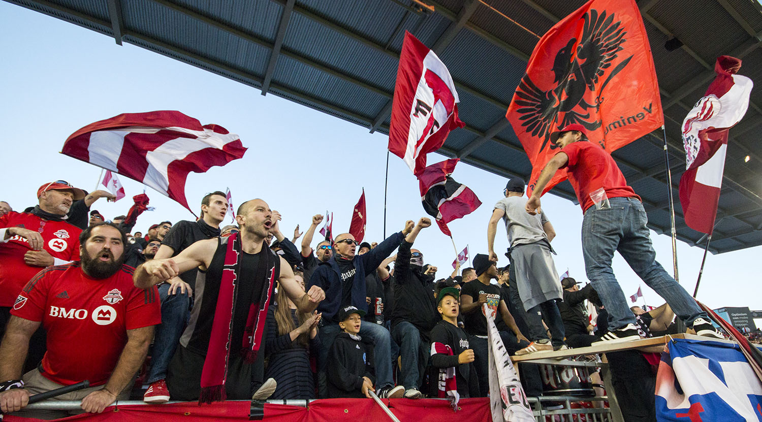 Supporter's from the south end making the atmosphere at BMO absolutely lit in 2017 during the Canadian Championship finale. Image by Dennis Marciniak of denMAR Media.