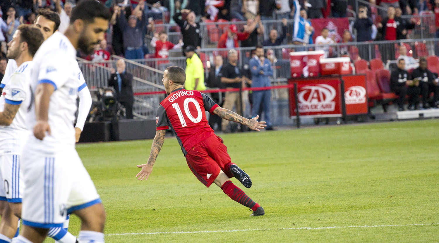 Giovinco celebrates his goal against the Montreal Impact in 2017. Image by Dennis Marciniak of denMAR Media. 