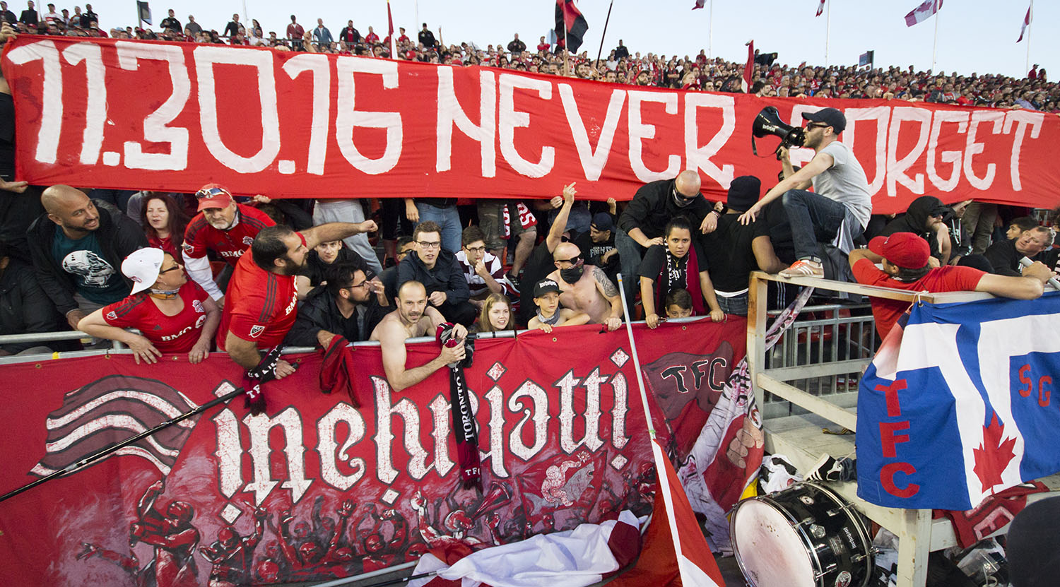 11.30.16 Never Forget a banner in reference to the 2016 MLS Cup semi final shown during the 2017 Canadian Championship by inebriatti and south end supporters. Image by Dennis Marciniak of denMAR Media.