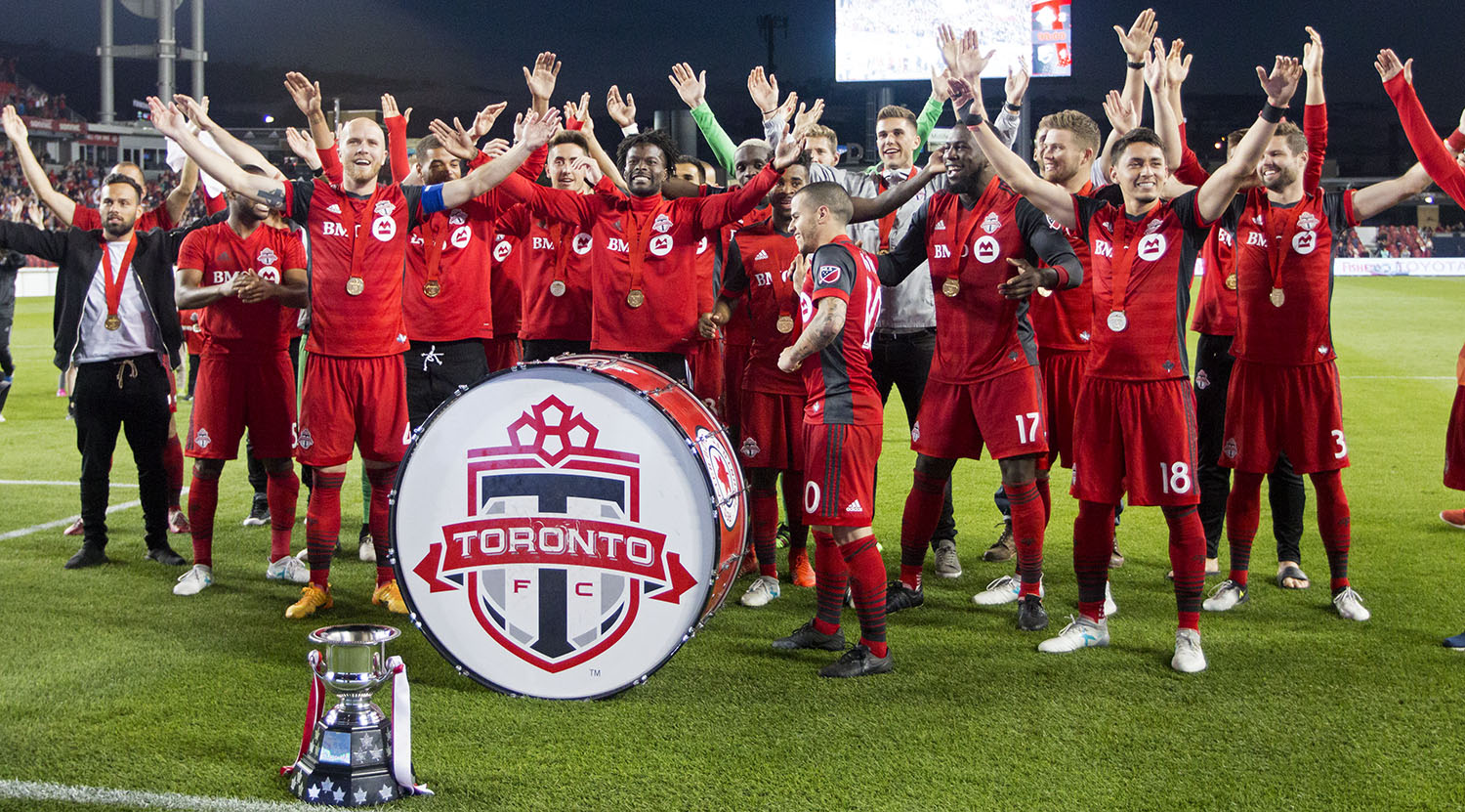 Toronto FC joins the south end supporter's section with the Voyageurs Cup in a thunderclap in 2017. Image by Dennis Marciniak of denMAR Media.