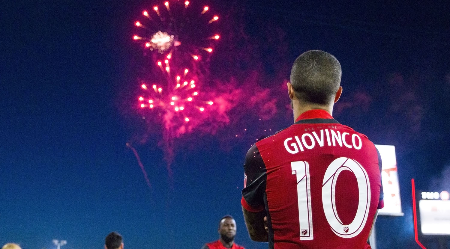 Sebastian Giovinco enjoying the fireworks after winning the Voyageurs Cup in the Canadian Championship against their rival the Montreal Impact. Image by Dennis Marciniak of denMAR Media.
