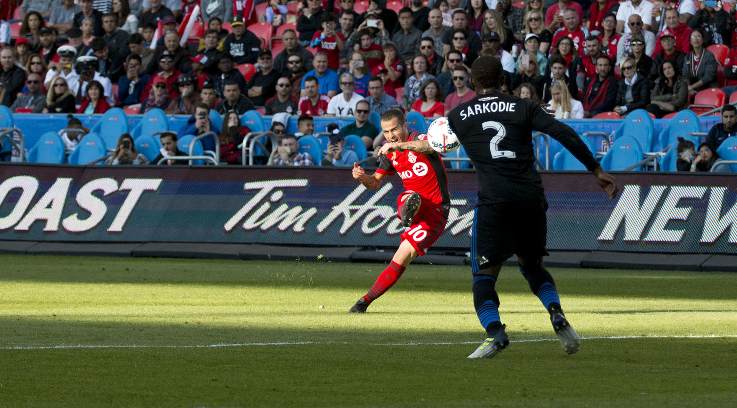Sebastian Giovinco blasts a free kick at the net during a Major League Soccer regular season game in 2017. Image by Dennis Marciniak of denMAR Media.