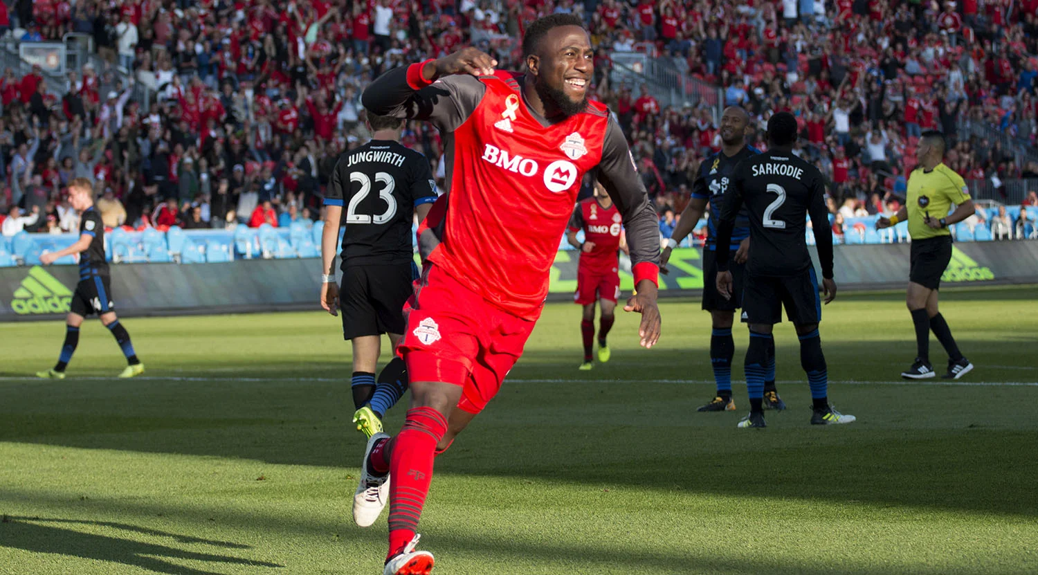Jozy Altidore celebrates a goal during the second half against the San Jose Earthquakes in September of 2017. Image by Dennis Marciniak of denMAR Media.