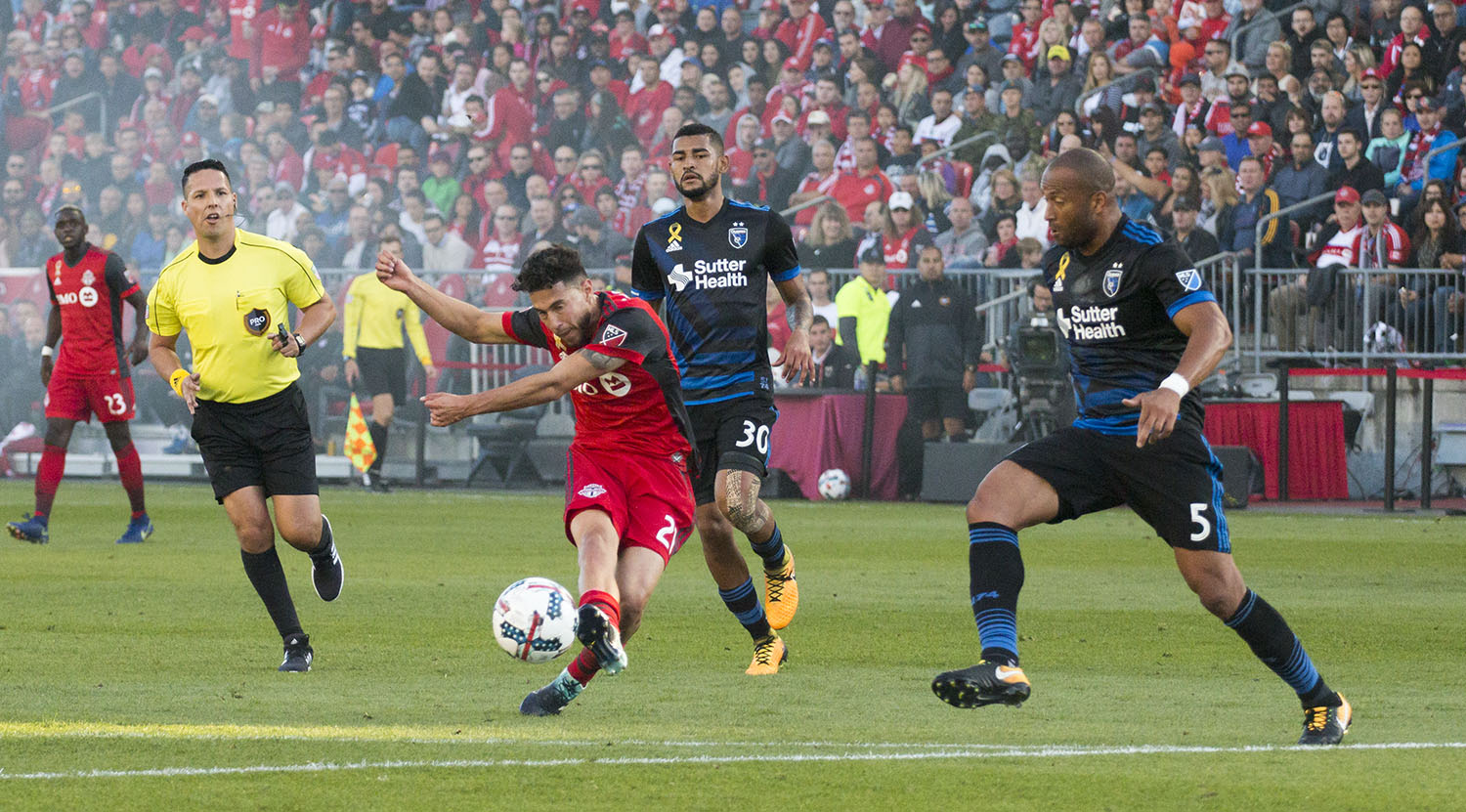Jonathan Osorio blasts a shot towards the San Jose Earthquakes net which results in a goal. Image by Dennis Marciniak of denMAR Media. 