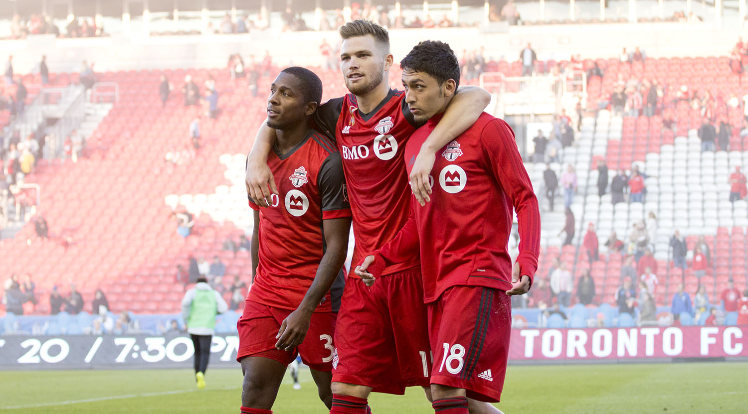 Armando Cooper, Jay Champan and Marky Delgado celebrating the 4-0 victory over the San Jose Earthquakes in 2017. Image by Dennis Marciniak of denMAR Media.
