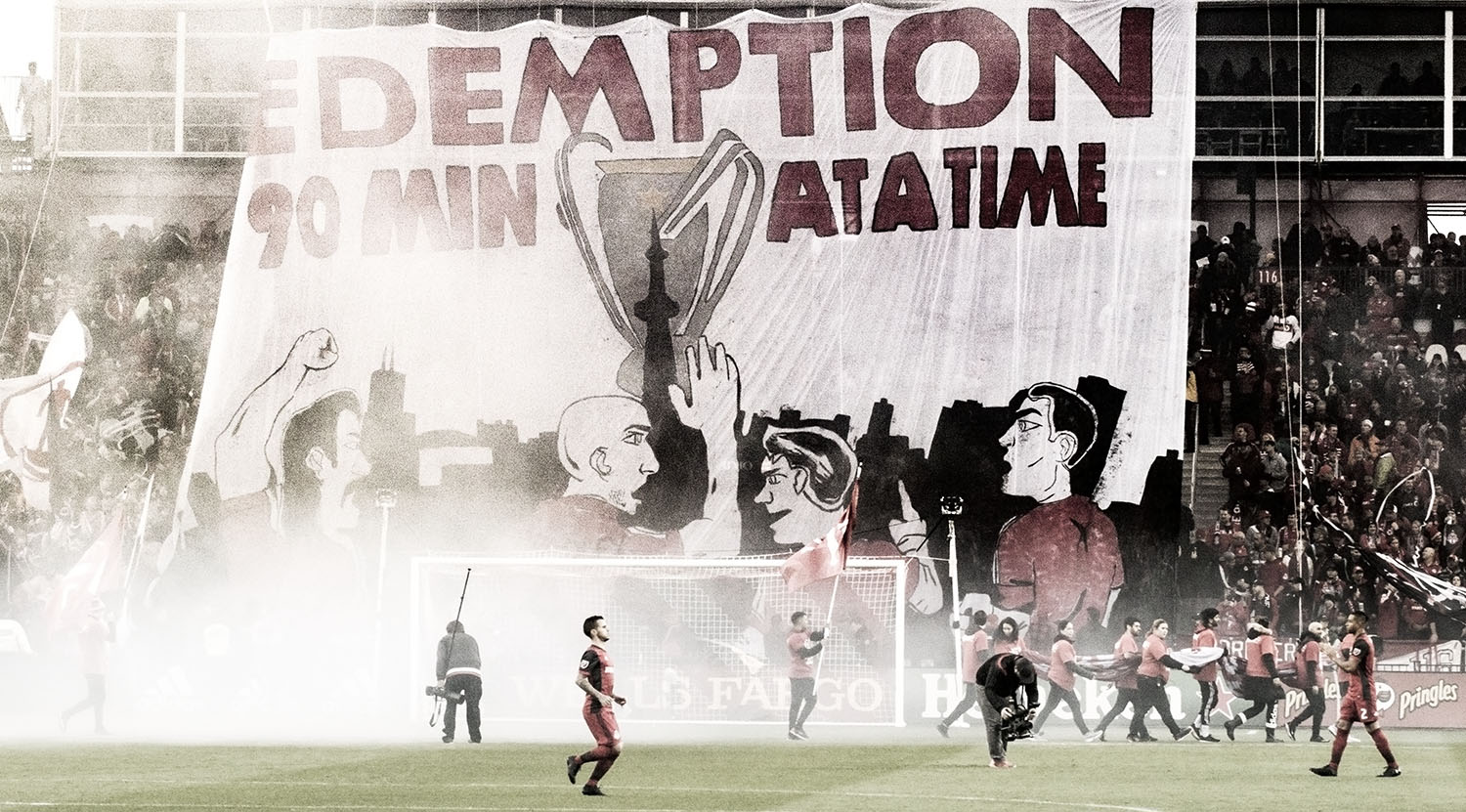 REDEMPTION 90 MIN AT A TIME TIFO made by the South End Supporter's groups ahead of a 2017 playoff match with the New York Red Bulls at BMO Field. Image by Dennis Marciniak of denMAR Media.