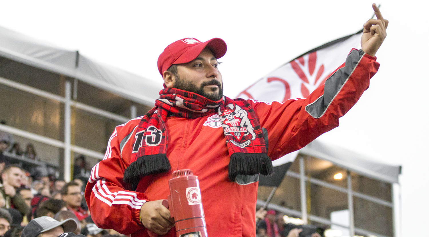 A south end capo giving the finger to the first official Chris Penso for disaterous offciating during the first half of the TFC v NYRB match at BMO Field in 2017. Image by Dennis Marciniak of denMAR Media.