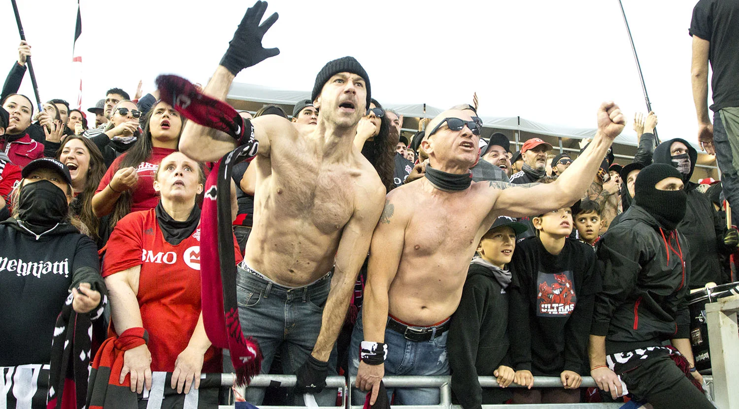 South end supporter's going crazy over Chris Penso's calls during the first half of MLS playoff action at BMO Field in 2017. Image by Dennis Marciniak of denMAR Media.