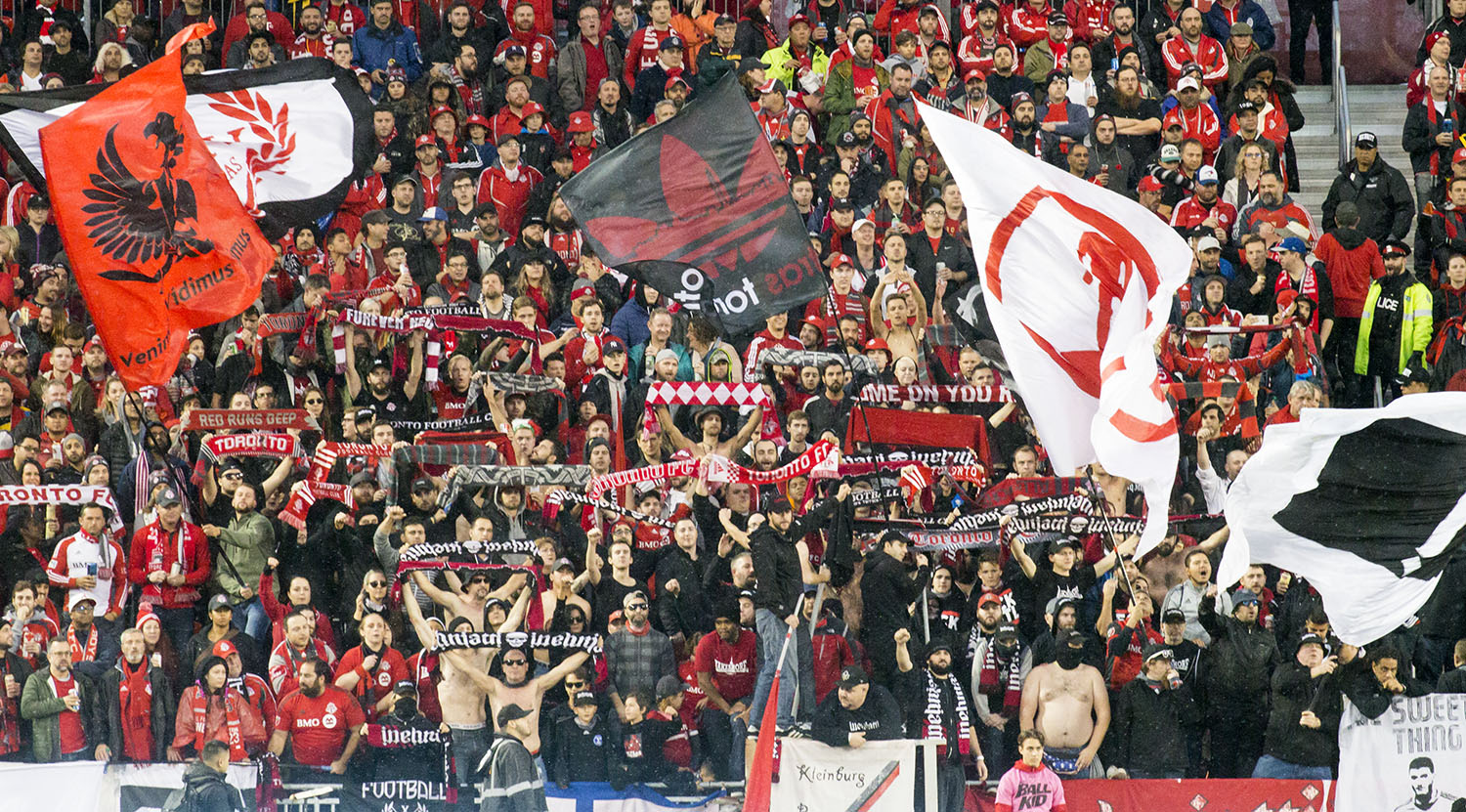 The South End Supporter's section supporting the club for the full 90 minutes during a playoff match with NYRB in 2017. Image by Dennis Marciniak of denMAR Media.