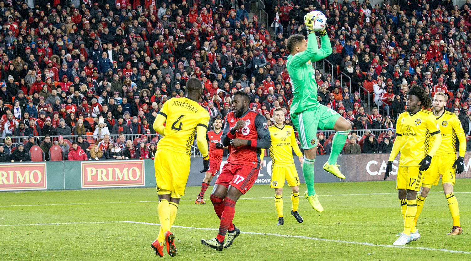 Columbus Crew goalkeeper Zack Steffen collects the ball out of the 18 yard box. Image by Dennis Marciniak of denMAR Media.