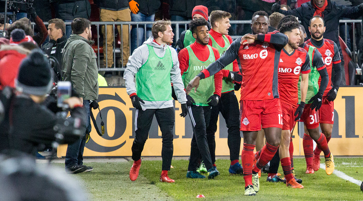 Jozy Altidore celebrating the series winning goal that would take Toronto FC into the 2017 Major League Soccer final. Image by Dennis Marciniak of denMAR Media.
