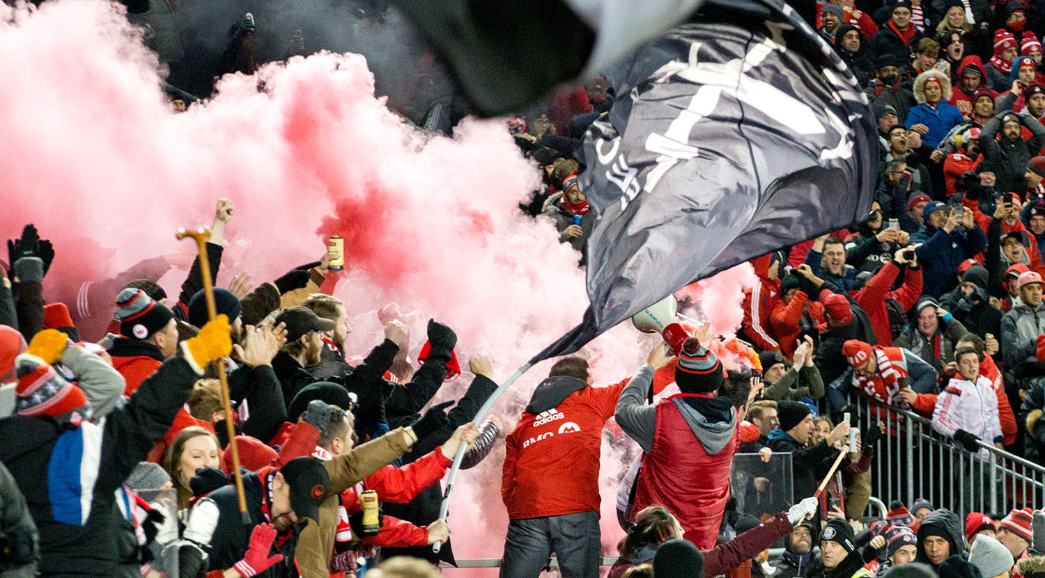 South end supporters celebrate the goal with Jozy Altidore. Image by Dennis Marciniak of denMAR Media.