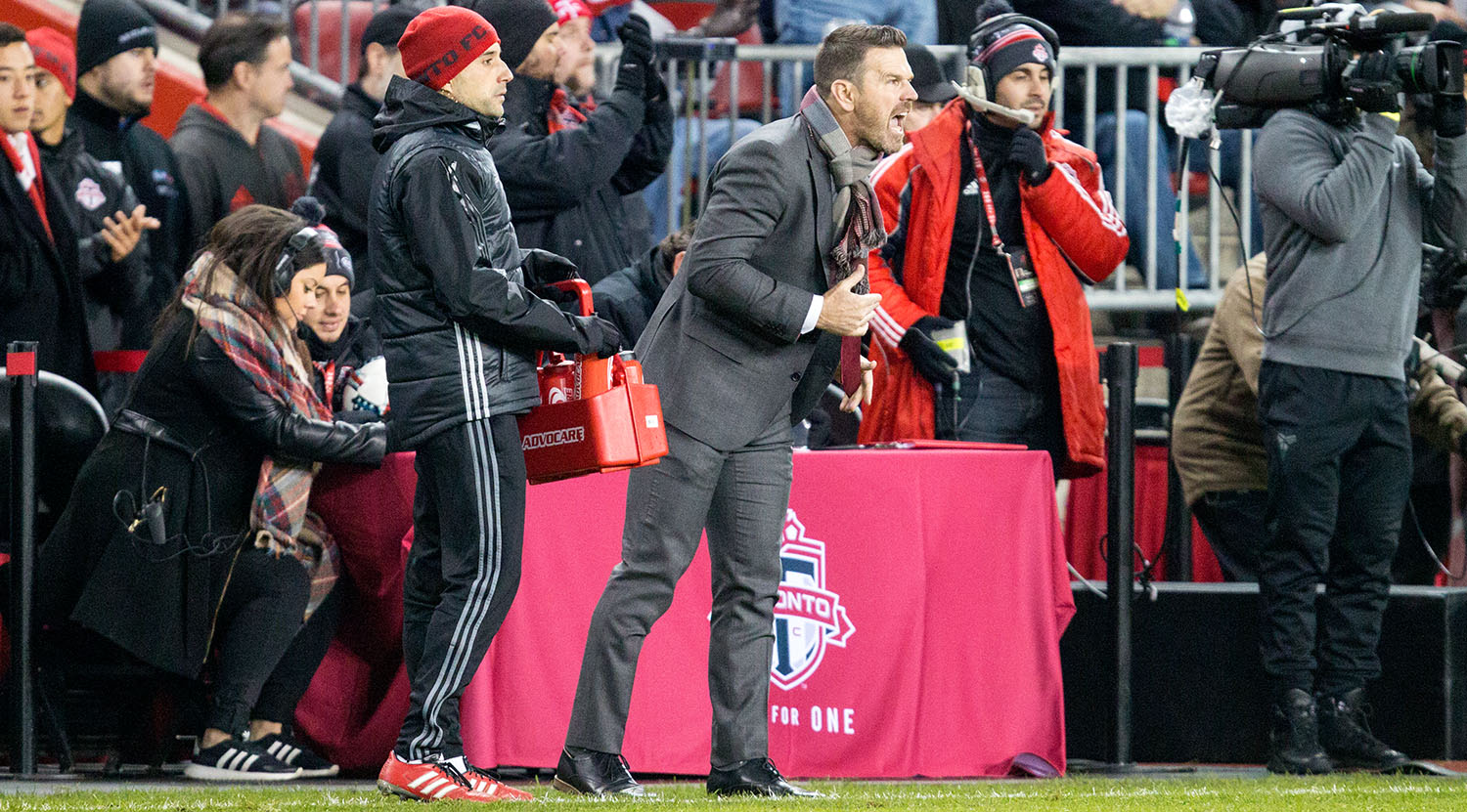 2017 Major League Soccer coach of the year Greg Vanney yelling instructions to his squad during the second half of the Eastern Conference Final at BMO Field in Toronto, Canada. Image by Dennis Marciniak of denMAR Media.