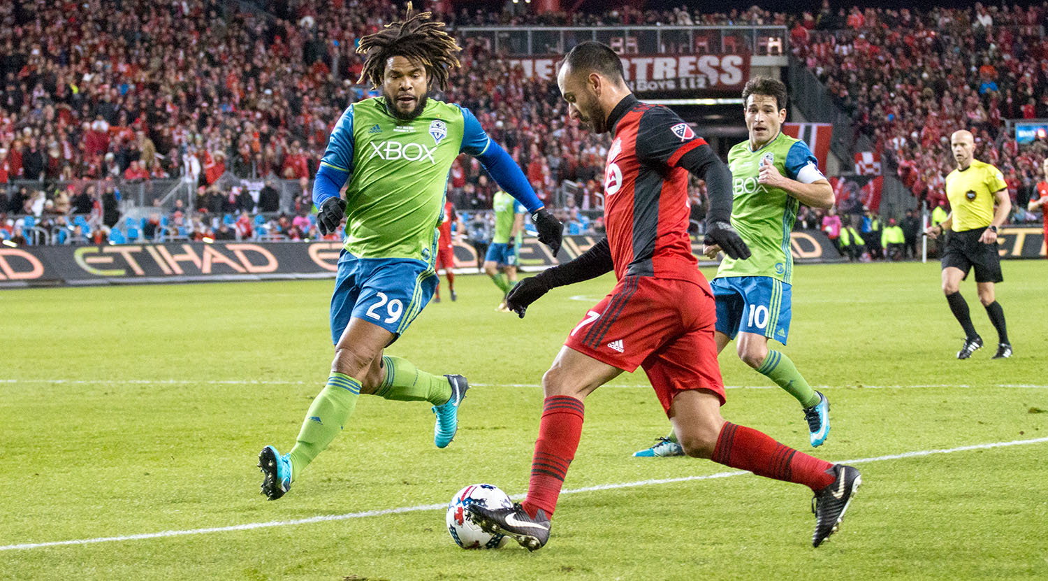 Victor Vazquez looking to get the ball into the 18 yard box during the 2017 MLS Cup Final. Image by Dennis Marciniak of denMAR Media.