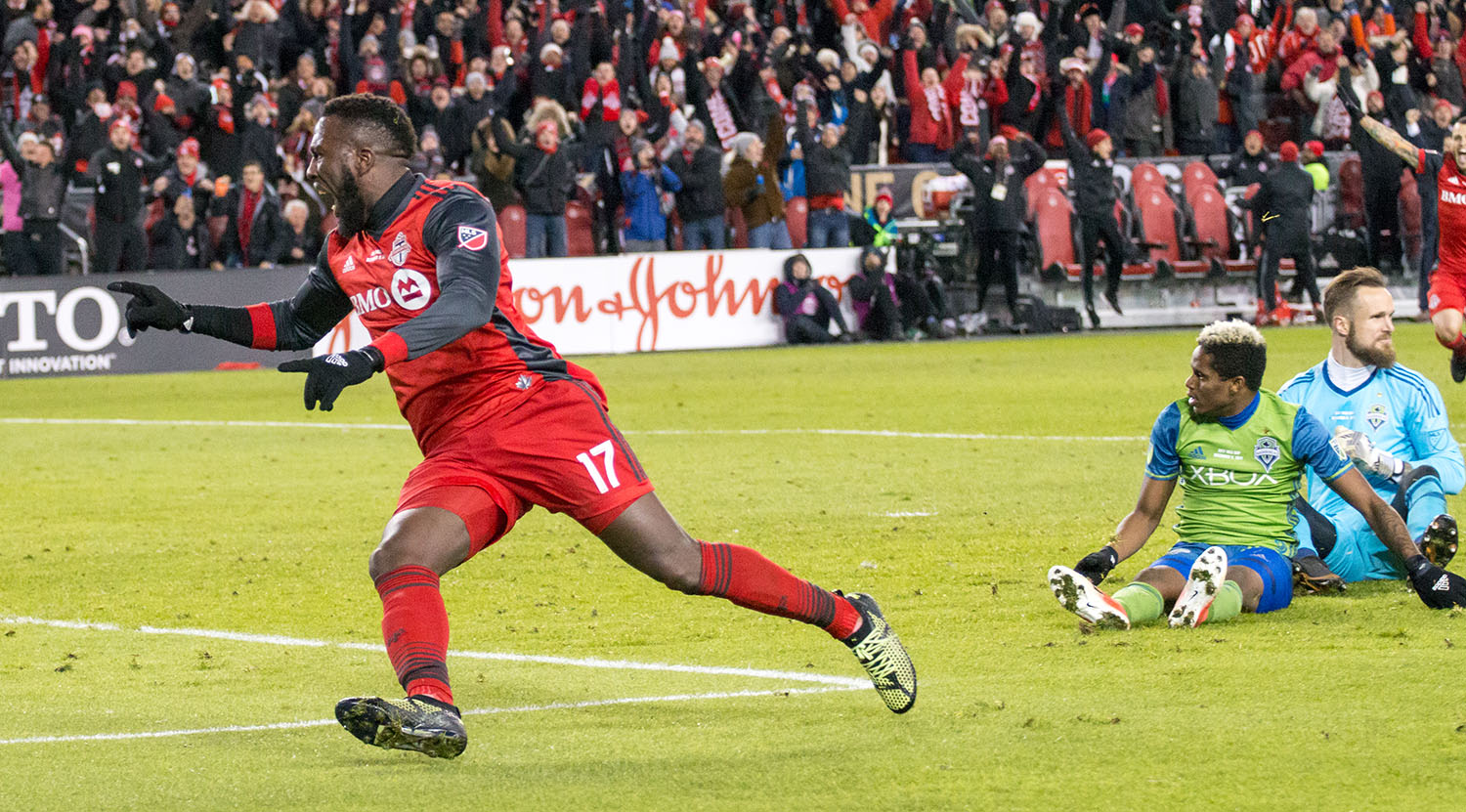 Jozy Altidore celebrating moments after the ball rolls across the goal line during the MLS Cup Final in 2017. Image by Dennis Marciniak of denMAR Media.