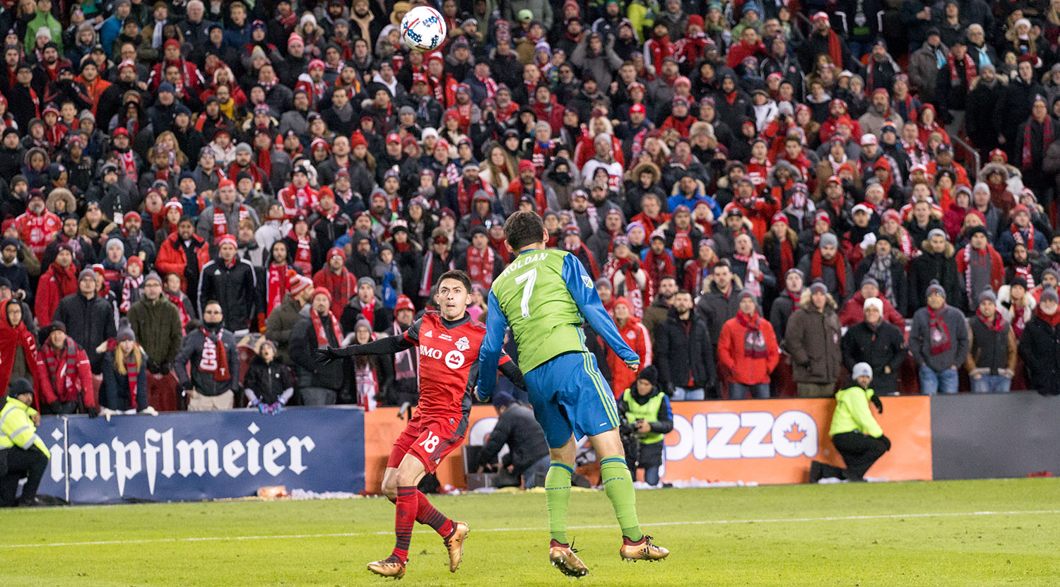 Marky Delgado awaits the landing of the ball in the attacking end during the MLS Cup playoffs in 2017. Image by Dennis Marciniak of denMAR Media.