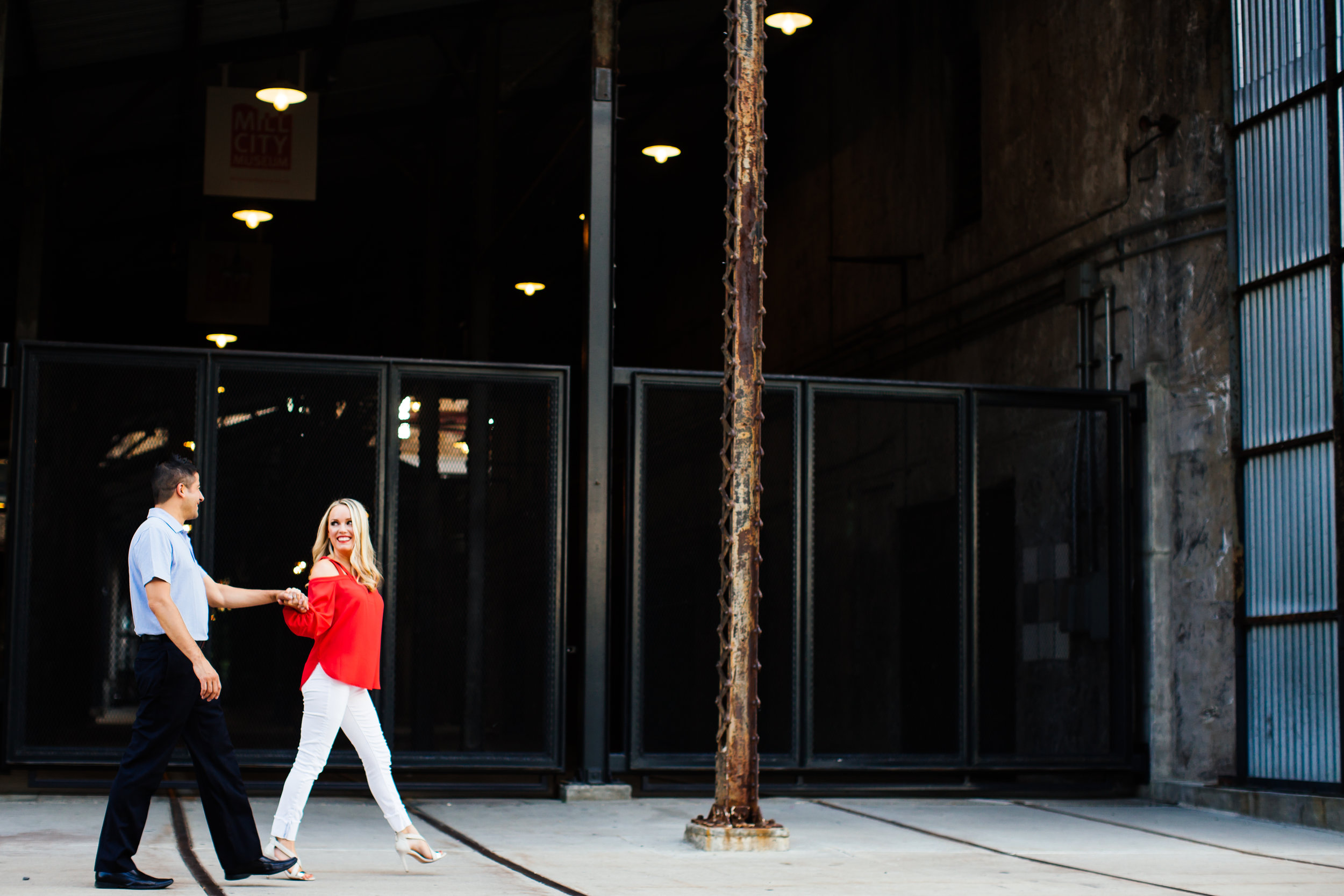 Romantic stroll in Downtown Minneapolis for an engagement session