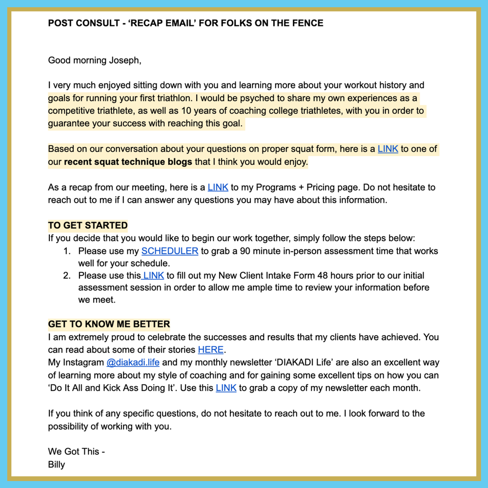 Personal Trainer Business Resources | Post-Consultation Recap Email ...