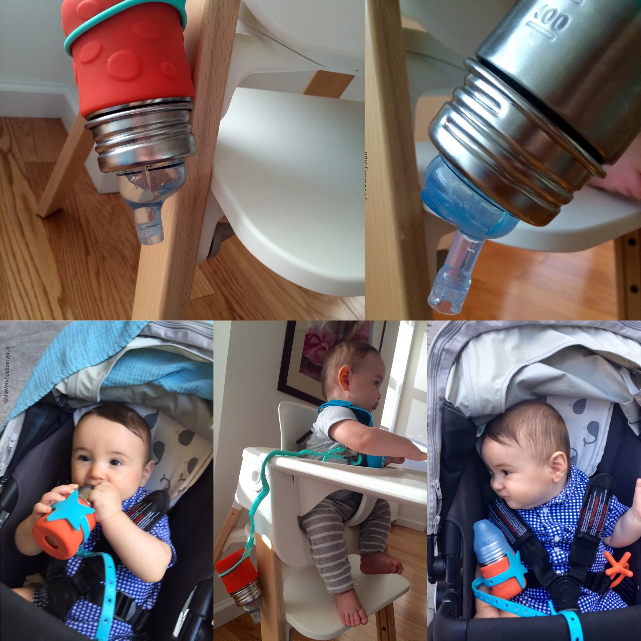 When my son was younger I would use the Brilli or Lil Sidekick leash to keep the sippy cup from falling off the high chair or out of the stroller . See how it dangles upside down without dripping at all? You can buy the leashes by clicking here or here .