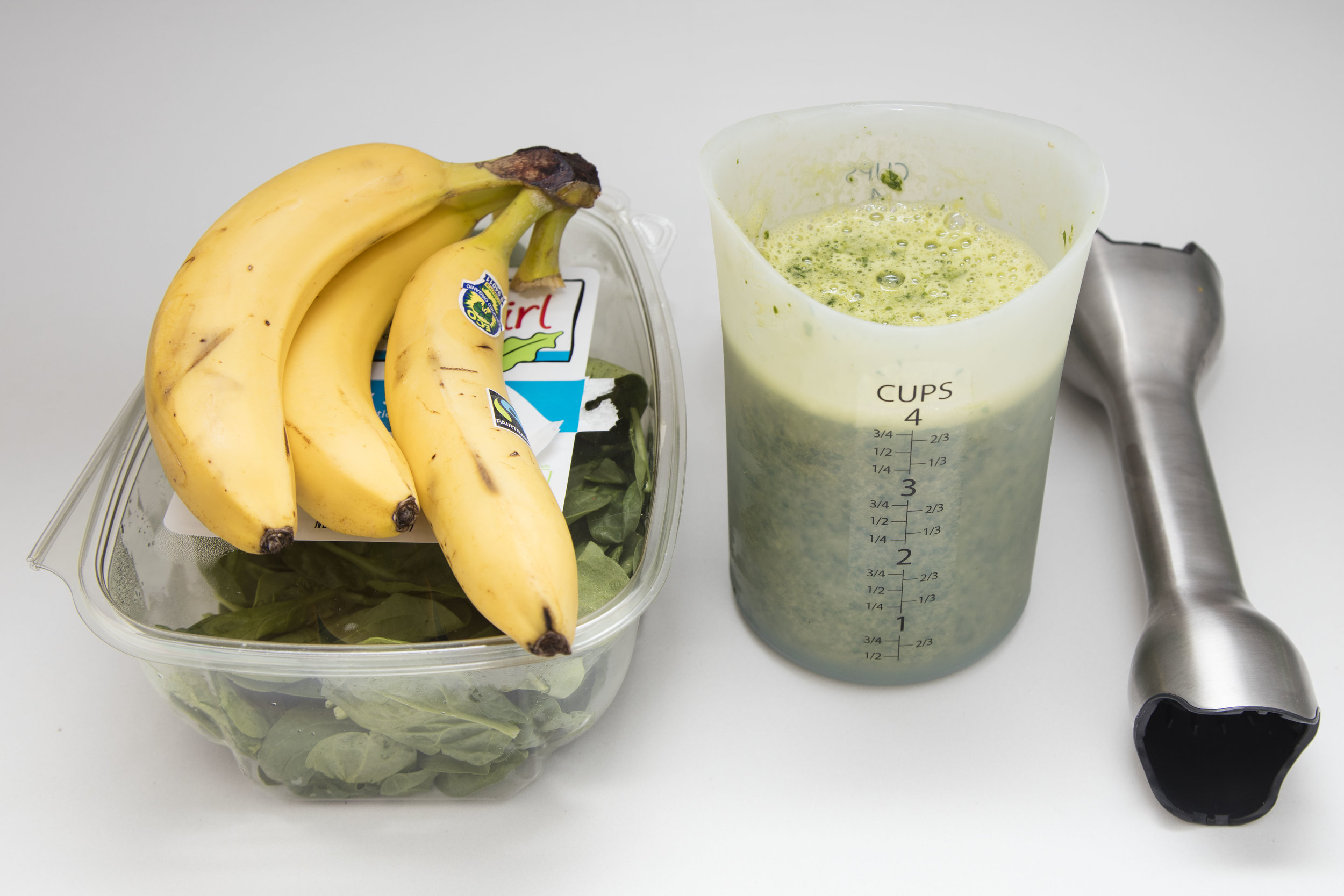 spinach banana pancakes for toddlers and babies, immersion blender, silicone measuring cup