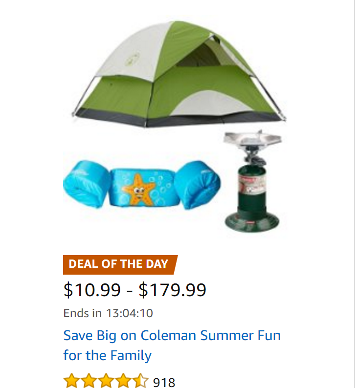 Coleman deal of the day (includes Stearns puddle jumpers, life vests, tents, self inflating sleeping pad, sleeping bags, chairs and propane stoves)