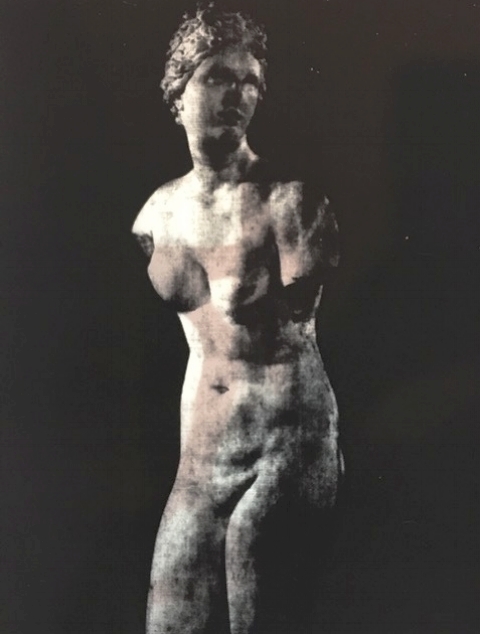 Aphrodite, her other side. 16 x 20 inches Collage, unique Digital Negative on Velum over a painting on paper with Georgia red clay.