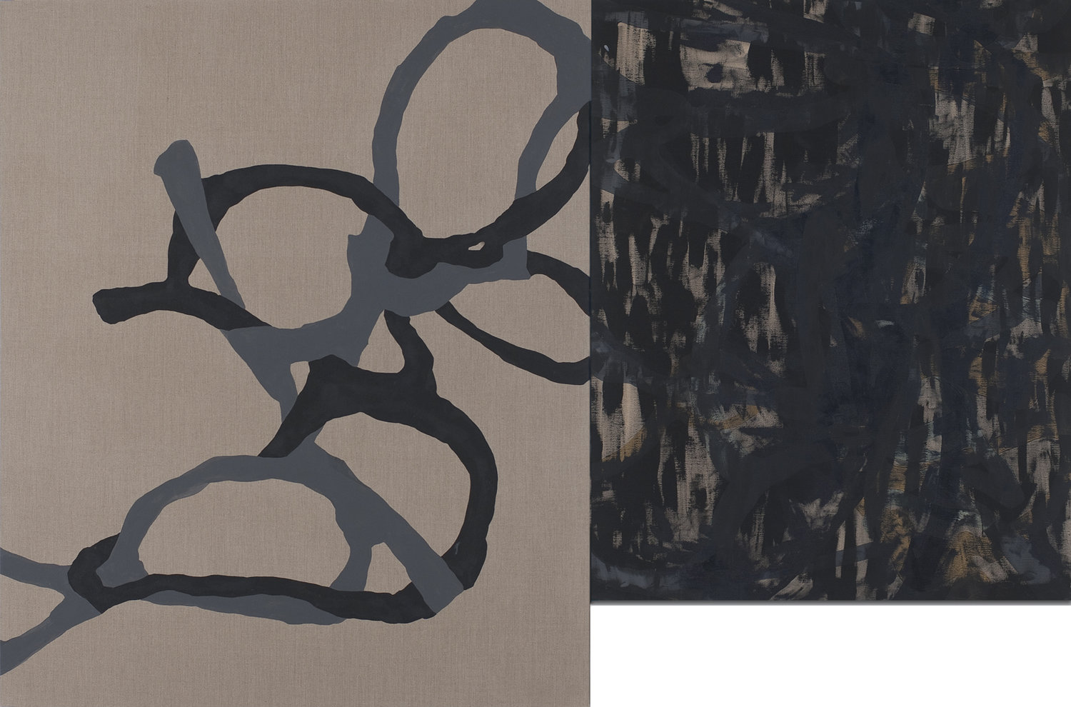 Out of Hand 2010 Black and gray pigment on linen. Diptych 71 x 106 in 180.3 x 269.2 cm