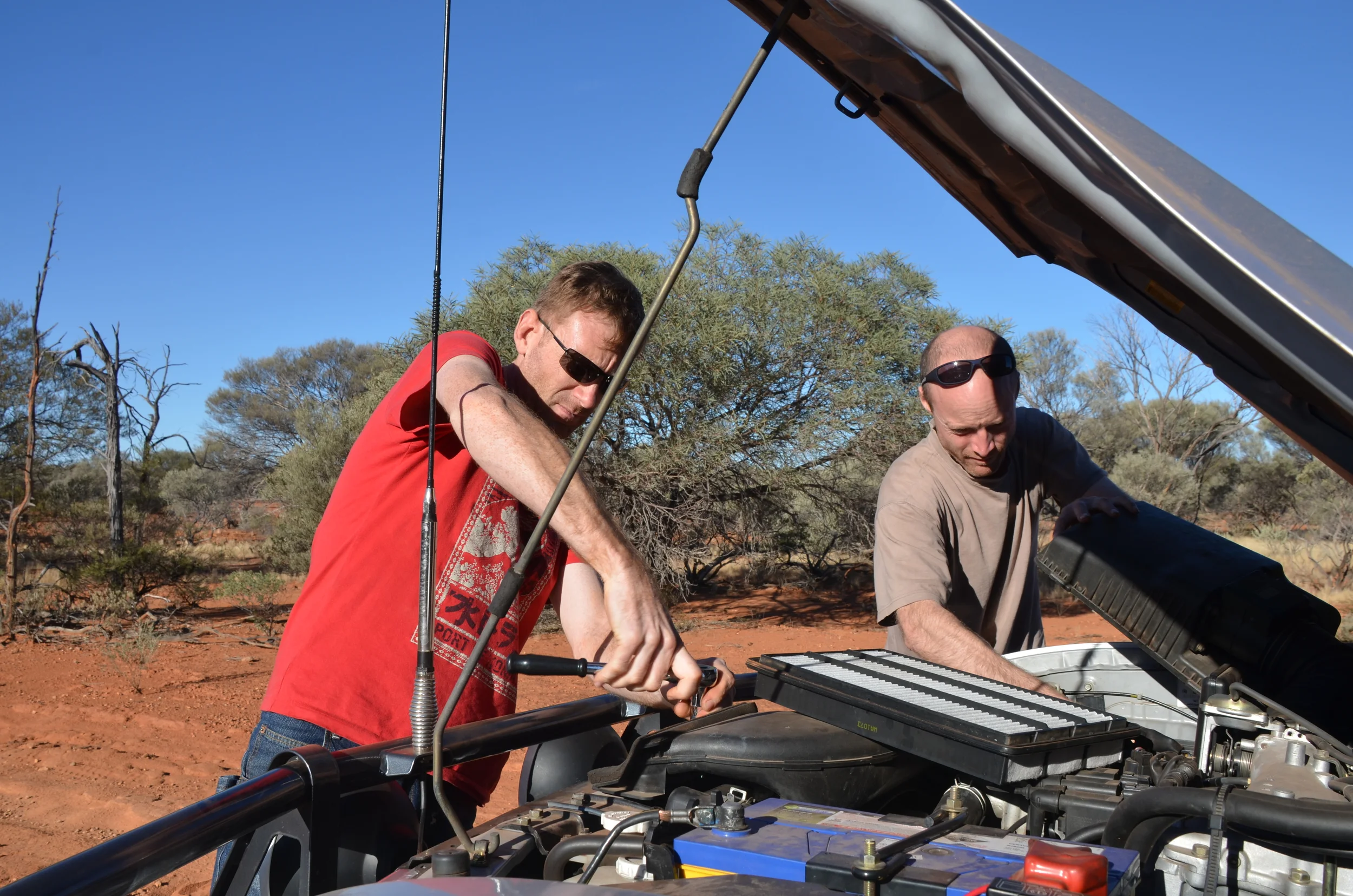 Working on the car on day one 