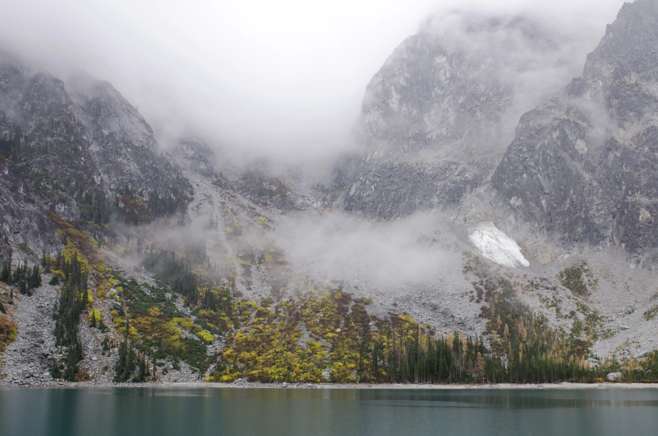 Looking back at Aasgard Pass (summit hidden in fog)