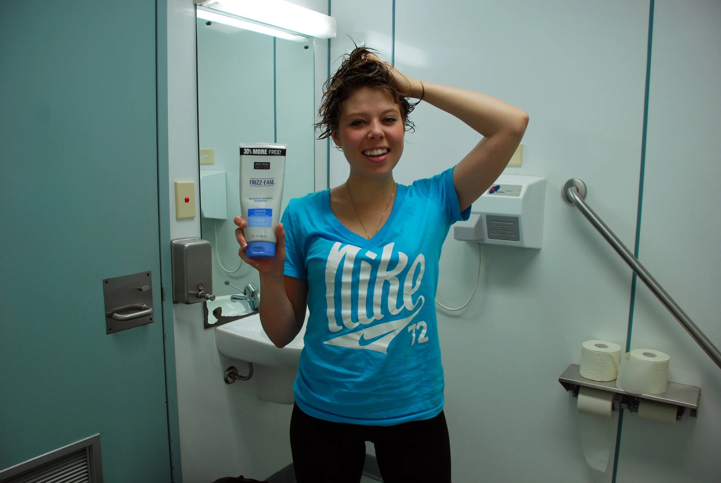 Washing my hair in an airport bathroom during a particularly long layover.