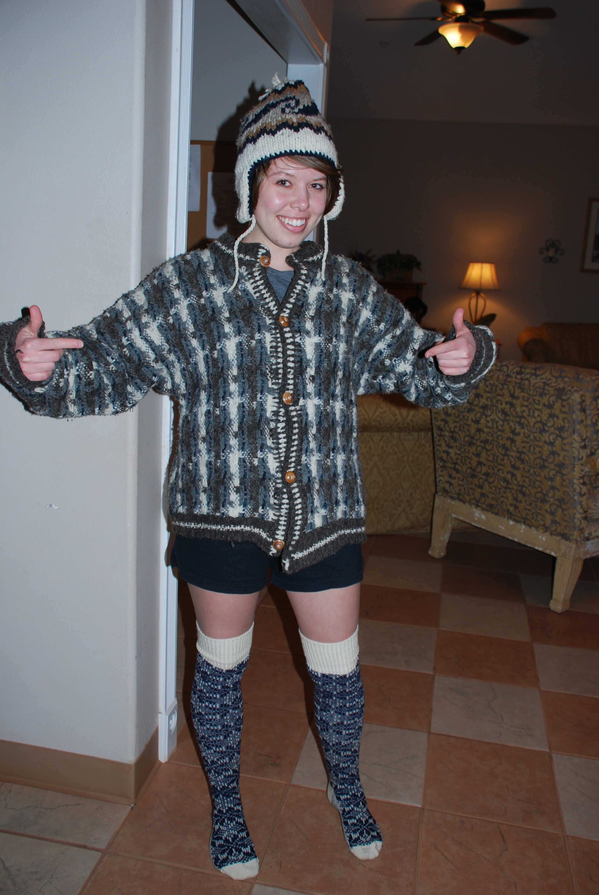 Dressed in cheap used clothing finds during a trip with a sudden change in weather. We weren't winning any beauty awards that's for sure, but we stayed on budget! 