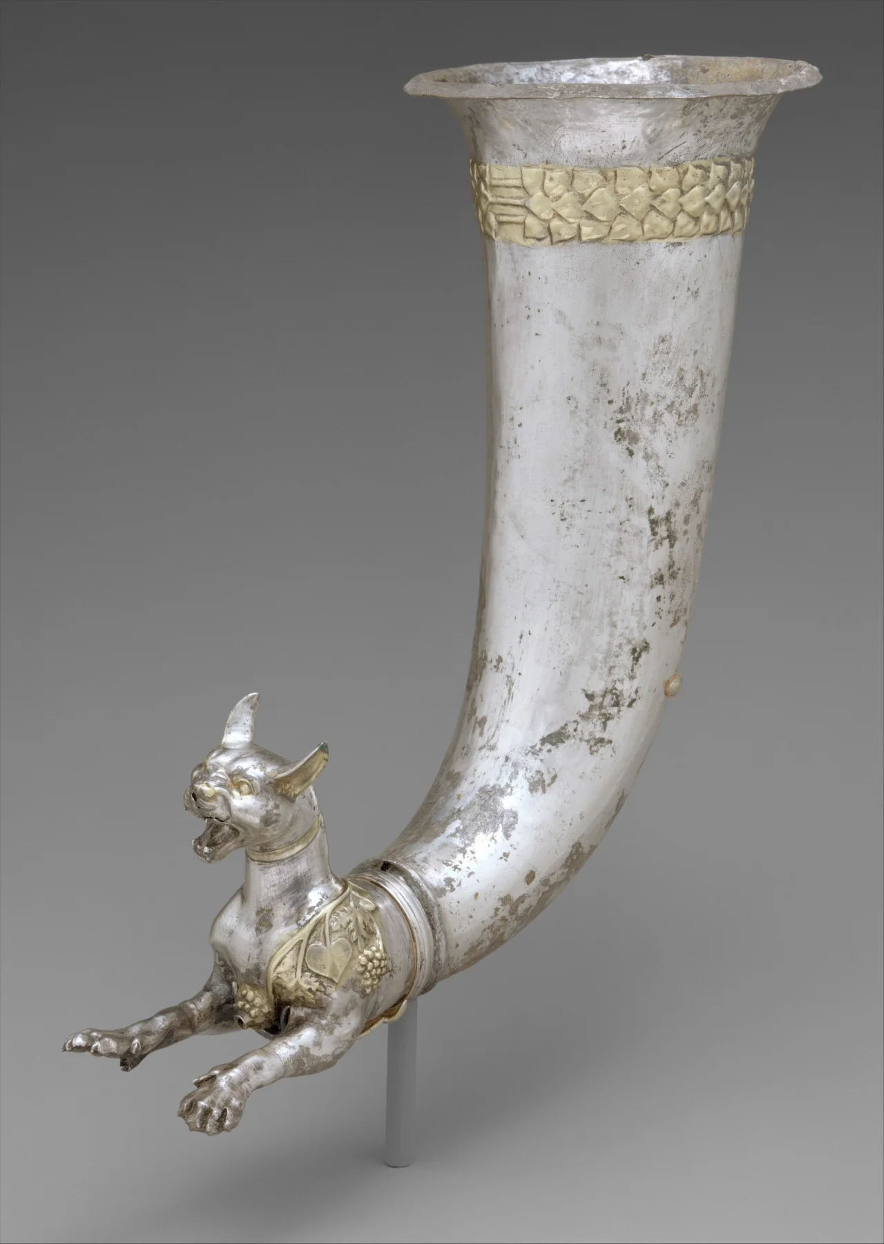 ancientart:
Rhyton terminating in the forepart of a wild cat. Parthian, ca. 1st century B.C.
Elaborate bowls, animal-headed drinking vessels, and rhytons—vessels which have a hole at the front from which liquid flows—were highly valued in ancient …