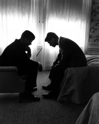 life:
Senator and presidential candidate John F. Kennedy (left) and his campaign manager, Robert Kennedy, confer in a hotel room during the Democratic National Convention, Los Angeles, July 1960. (Photo: Hank Walker—Time & Life Pictures/Getty I…