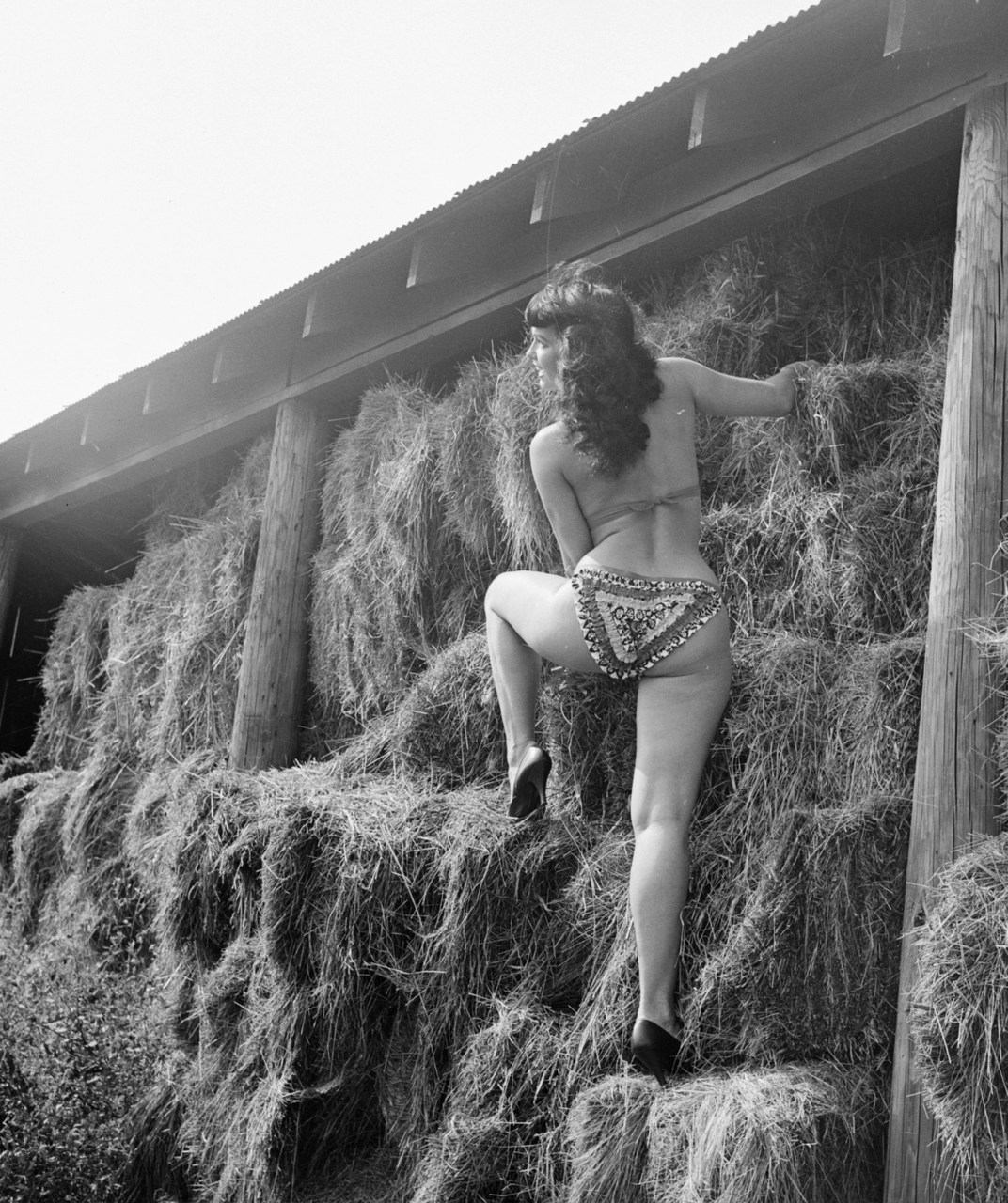 miss-flapper:

Bettie Page climbing some hay, 1950s.