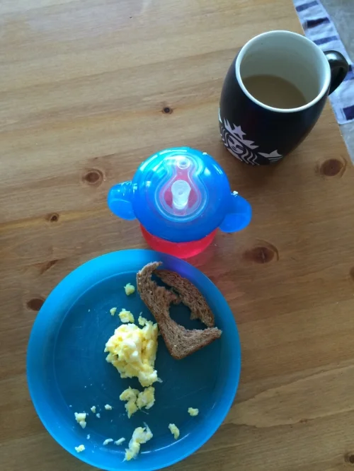 Max had some eggs, toast, and smoothie, and I had a cold cup of coffee and leftovers 