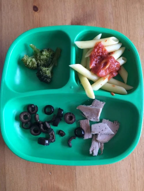 Calvin's lunch. Max had the same thing but also had raspberries and I ditched the tomato sauce and cut up the pasta into pieces.