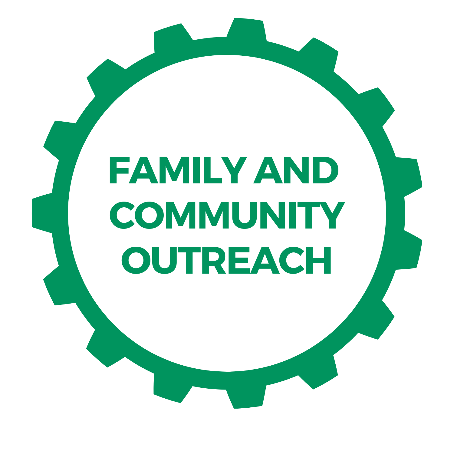  Image of a green gear with Family and Community Outreach written on it 