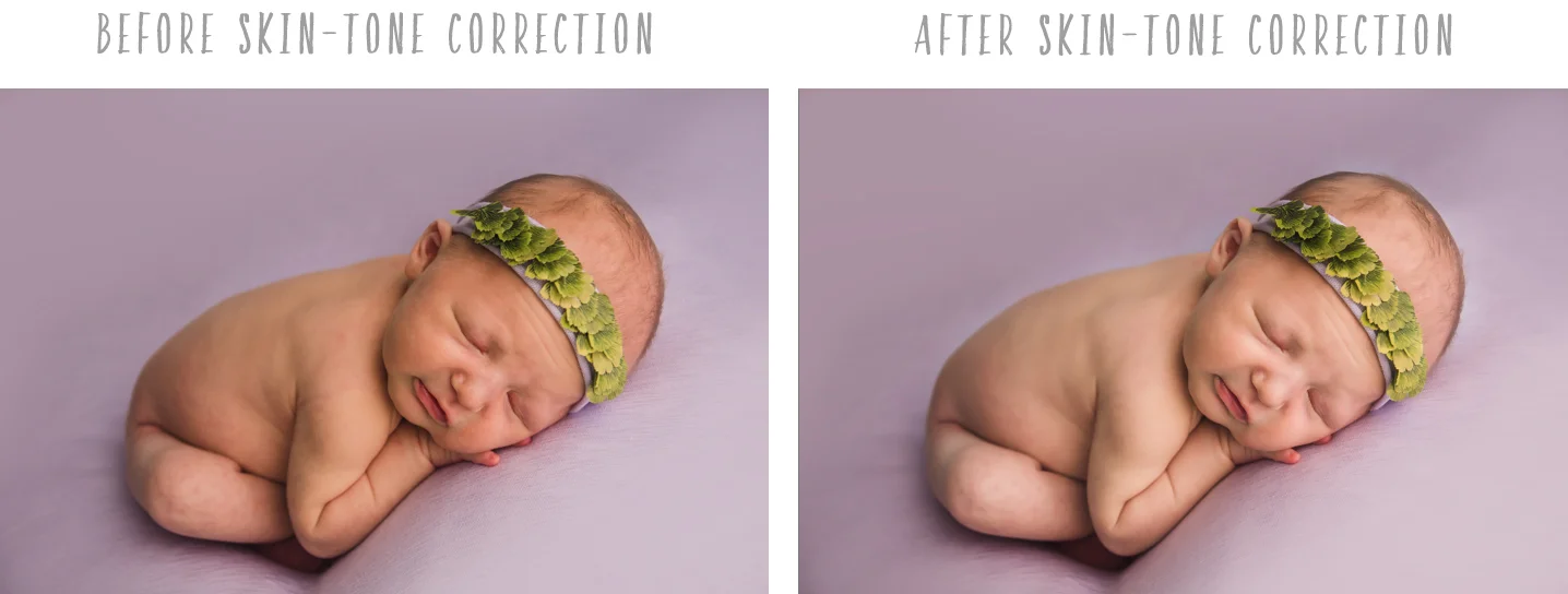 Sample of newborn photography editing to correct jaundice discoloration of the skin.