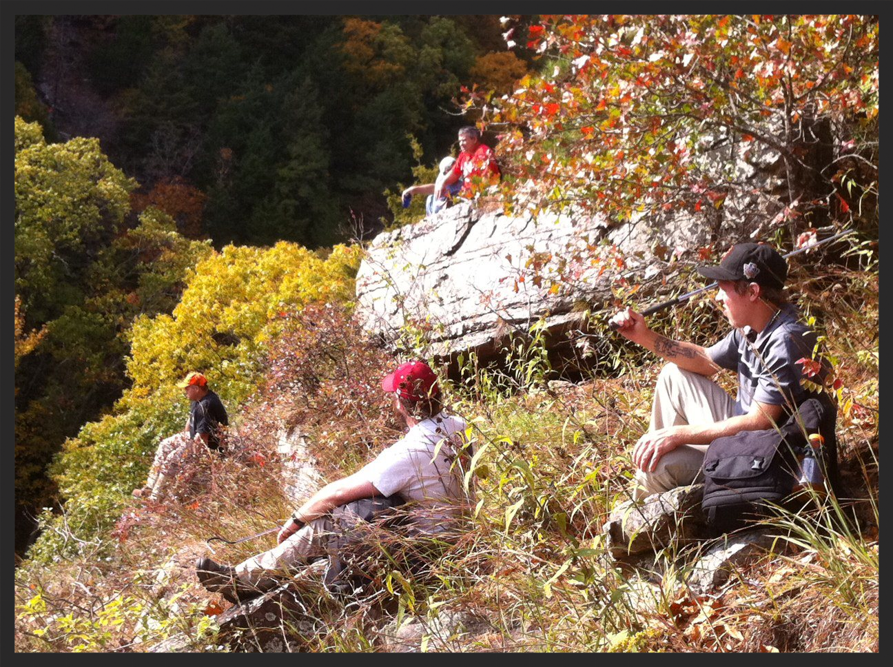 Taking a break with members of the Arkansas Herpetological Society on a long day monitoring an isolated population of Western Diamondback Rattlesnakes ( Crotalus atrox ) deep in the rugged Ouachita Mountains of Arkansas. Photo by Eric East