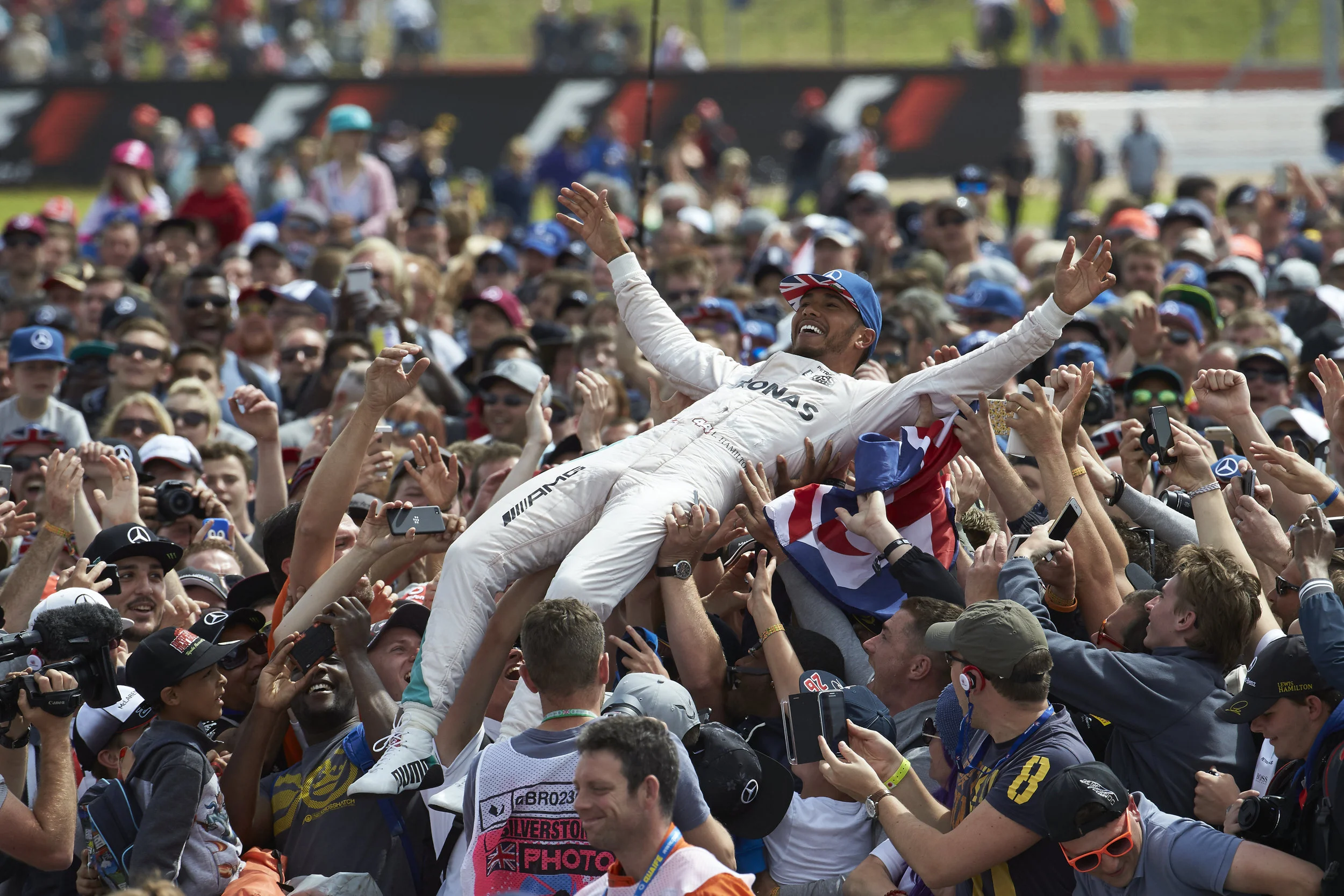Silverstone was Lewis' turn to go crowdsurfing. (Pic: Mercedes)