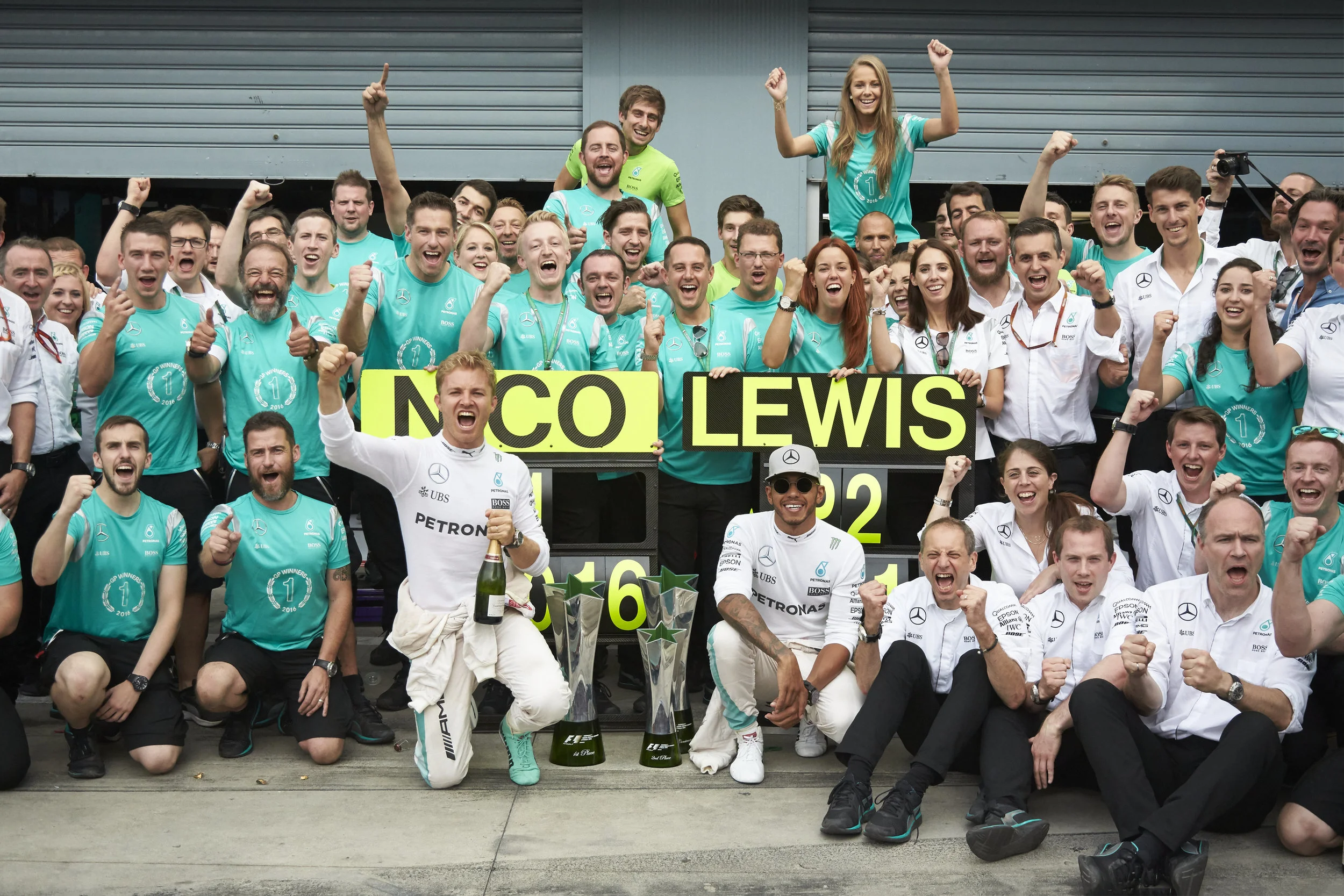 Rosberg wins, although Ham's still smiling. For now. (Pic: Mercedes)