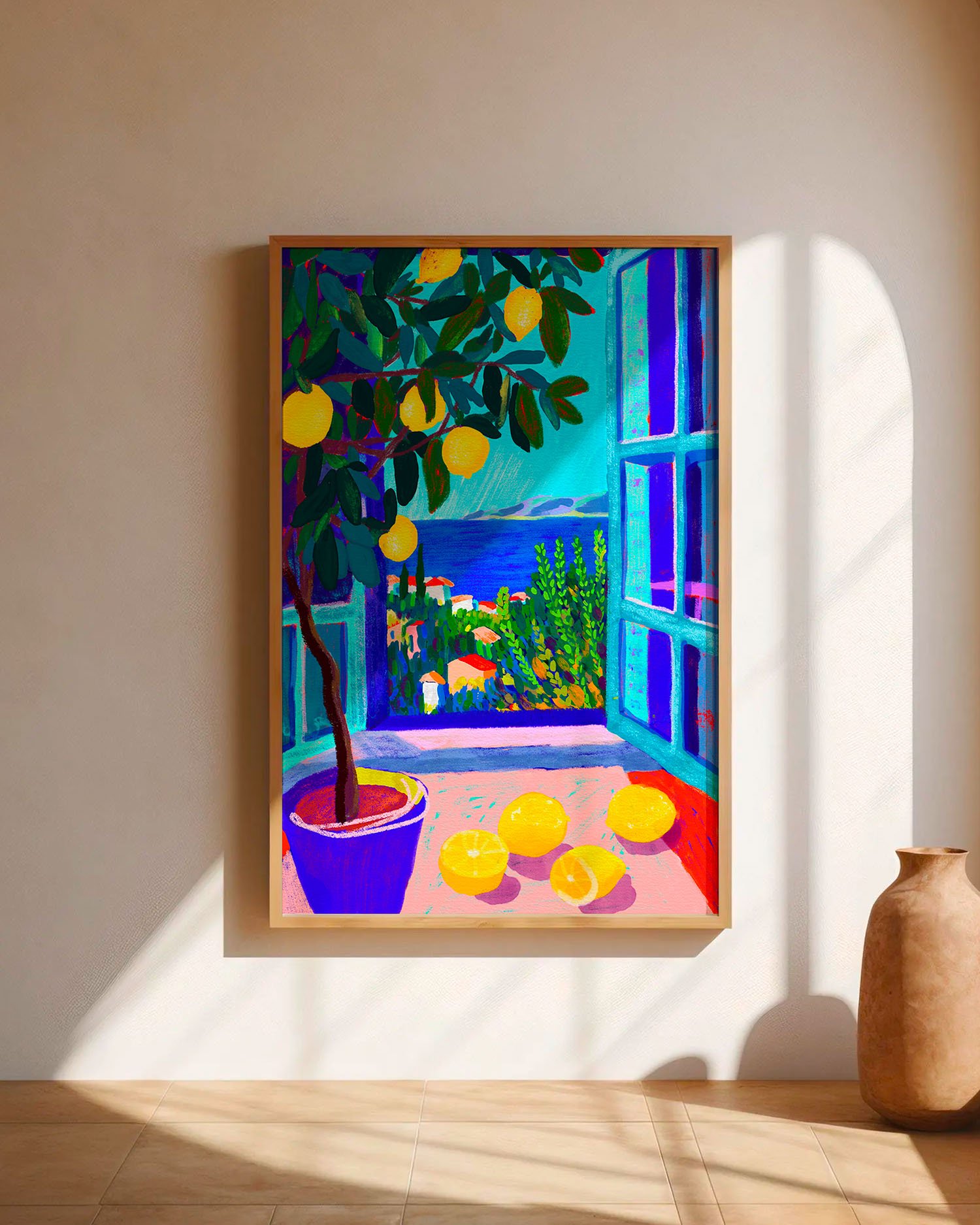 Tirage Finestra sull'azzurro encadré en bois clair, peinture fenêtre méditerranéenne avec citrons signée Claire Maoui
