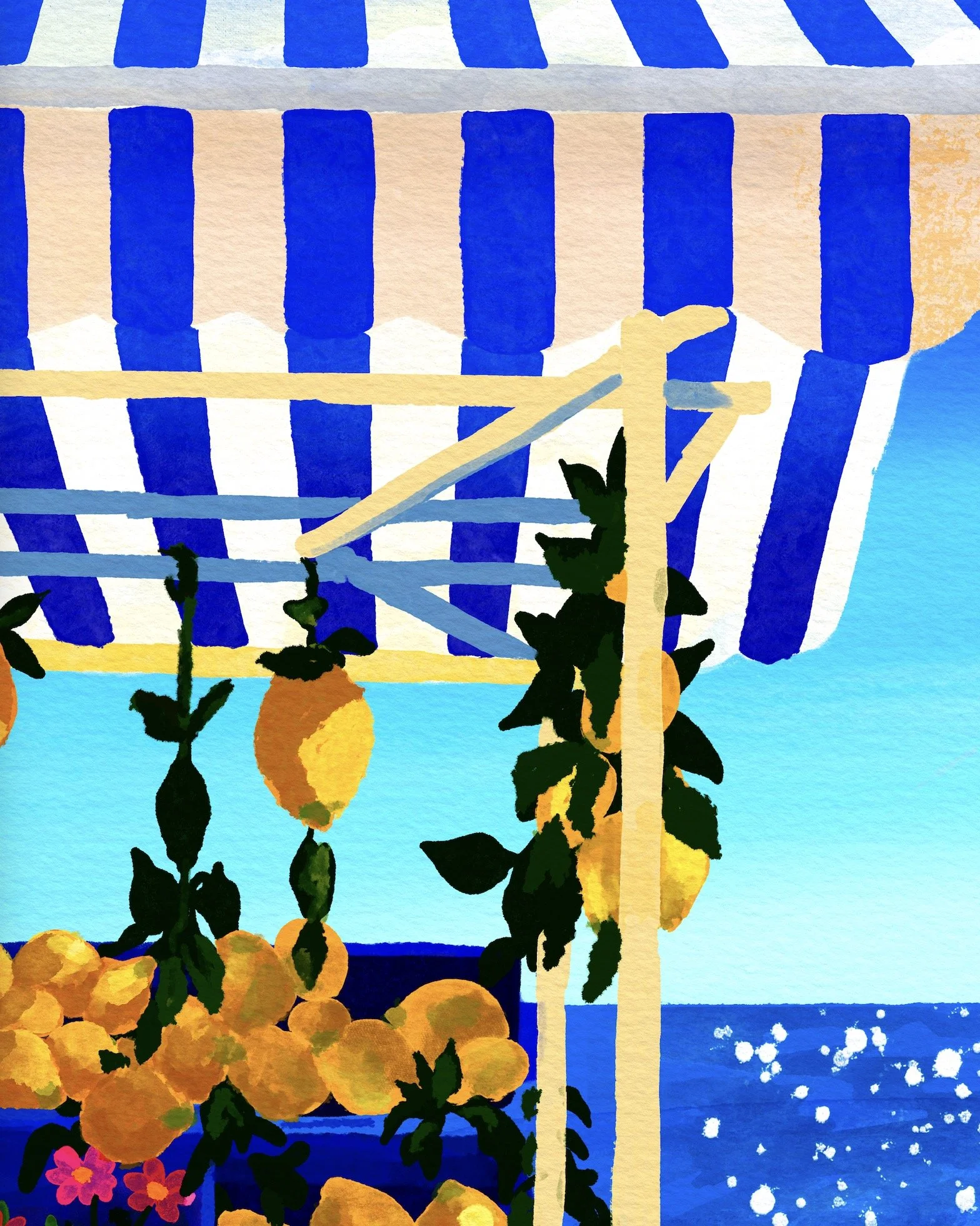 Détail du tableau Bleu citron : store à rayures bleues et blanches et citrons suspendus face à la Méditerranée
